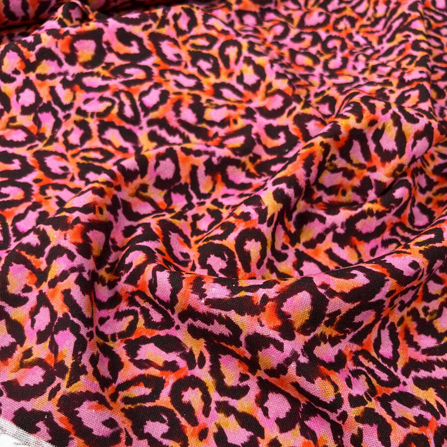 Linen Mix Prowla Rayon Cotton Pink Leopard Print Dress Fabric