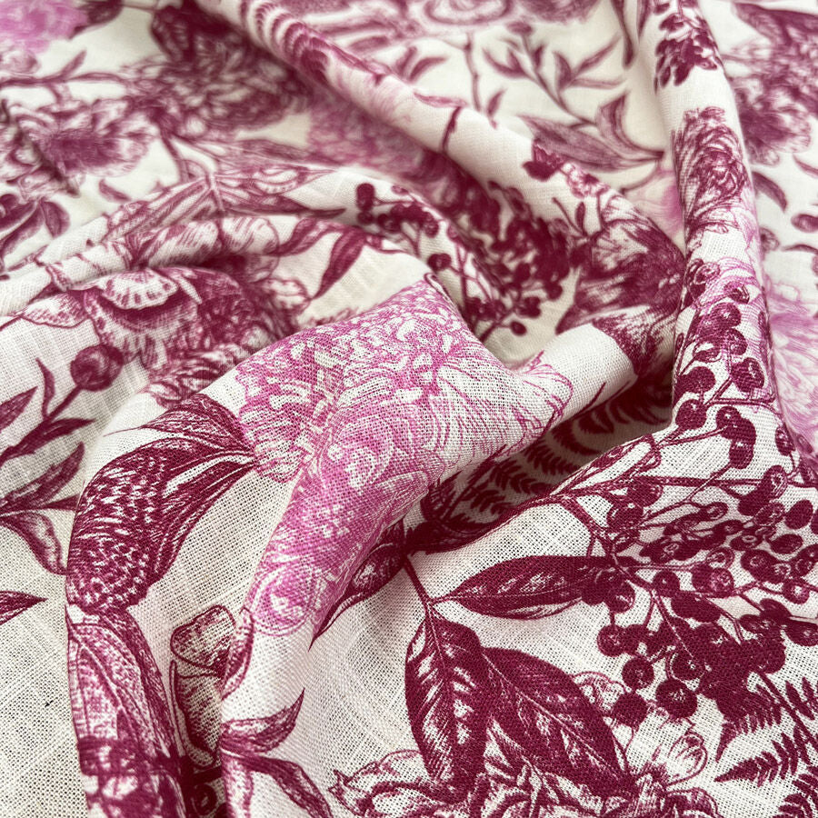 Linen Viscose Slub Butterfly Pink White Floral Woven Dress Fabric