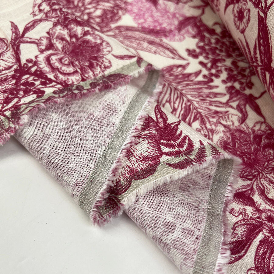 Linen Viscose Slub Butterfly Pink White Floral Woven Dress Fabric Fold
