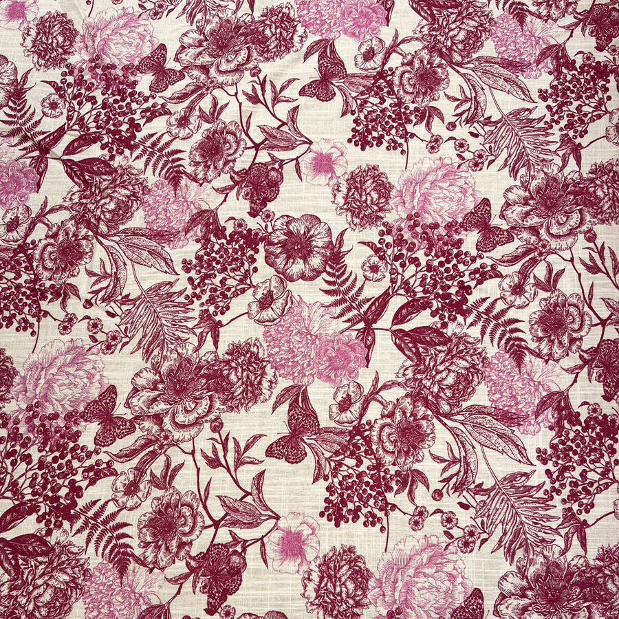 Linen Viscose Slub Butterfly Pink White Floral Woven Dress Fabric Print