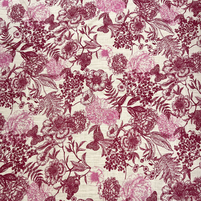 Linen Viscose Slub Butterfly Pink White Floral Woven Dress Fabric Print