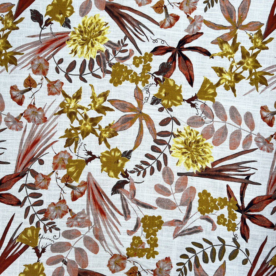 Linen Viscose Slub Golden Harvest White Floral Woven Dress Fabric Print