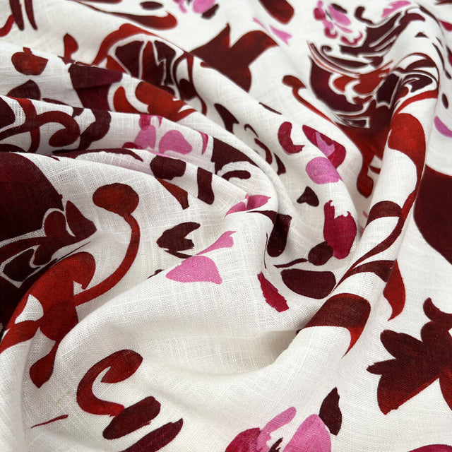 Linen Viscose Slub Wild Berry Pink White Floral Woven Dress Fabric