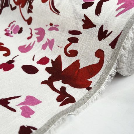 Linen Viscose Slub Wild Berry Pink White Floral Woven Dress Fabric Roll