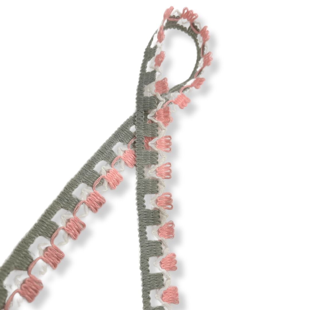 Looped Scalloped Edge Trim Pink   Grey 20mm Wide Twist