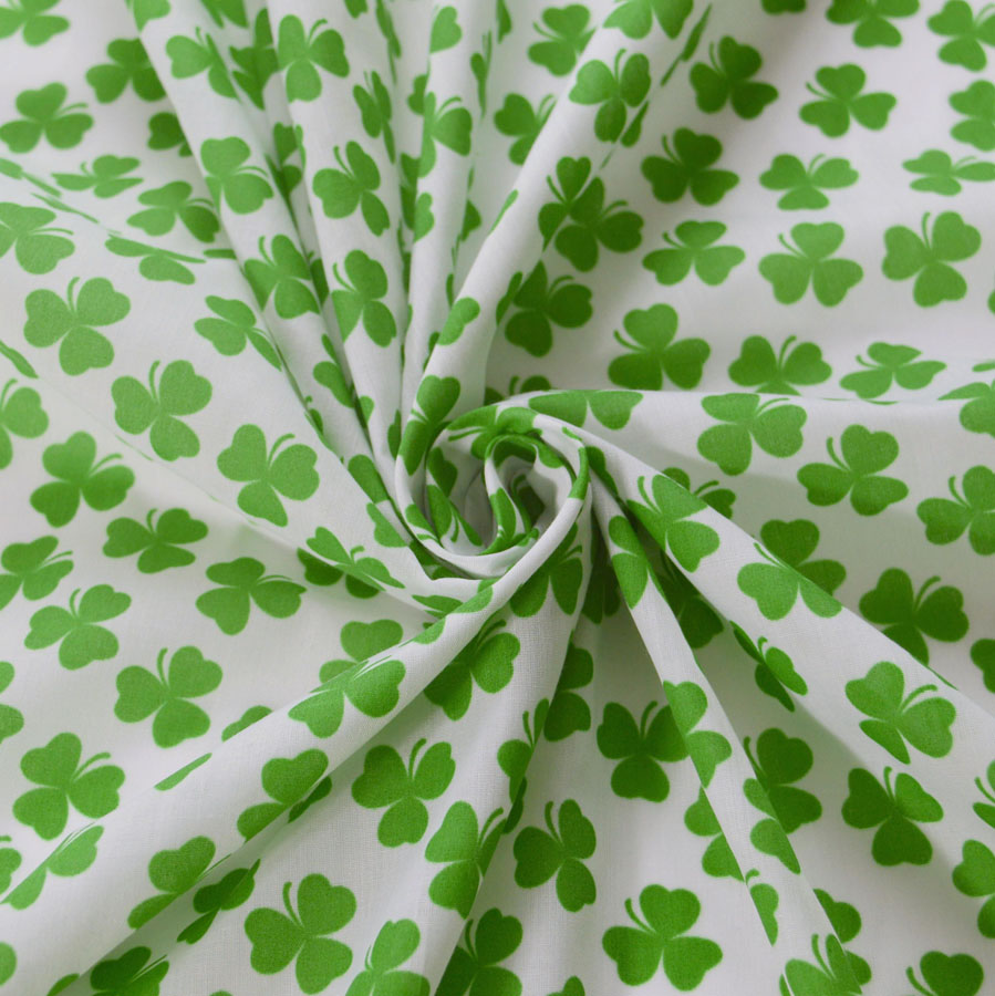 Lucky Clover White Poly Cotton Dress Fabric Cud