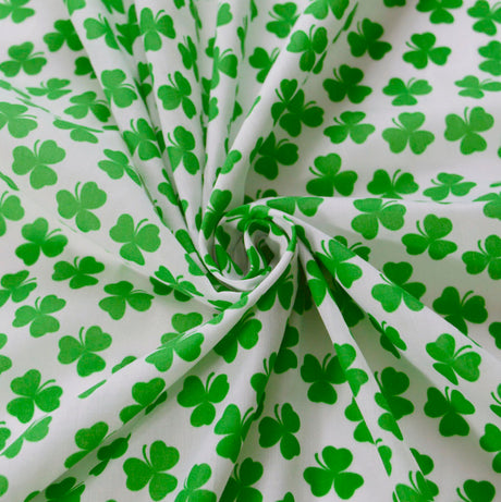 Lucky Clover White Poly Cotton Dress Fabric Cud