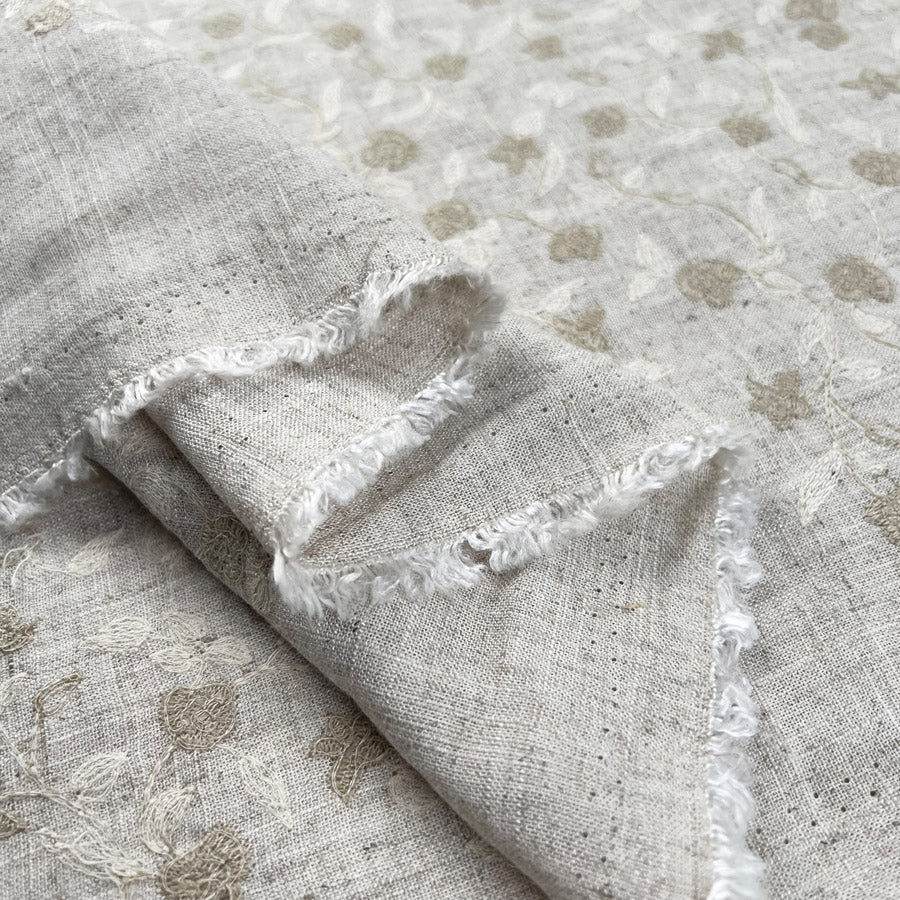 Marigold Viscose Polyester Linen Floral Embroidered Sand Beige Dress Fabric Fold