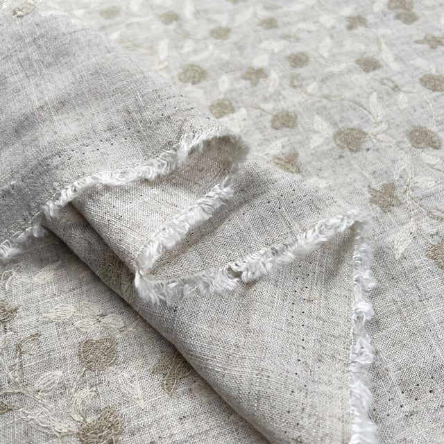 Marigold Viscose Polyester Linen Floral Embroidered Sand Beige Dress Fabric Fold