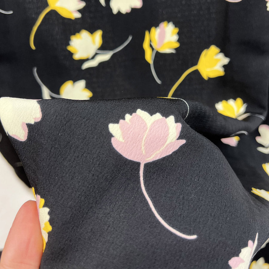 Marocaine Viscose Crepe Dress Fabric Black Floral Cilla Close Up2