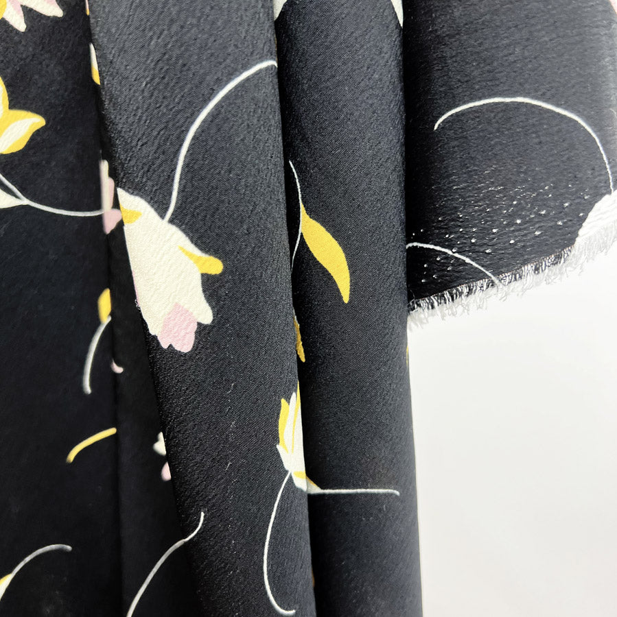 Marocaine Viscose Crepe Dress Fabric Black Floral Cilla Hang