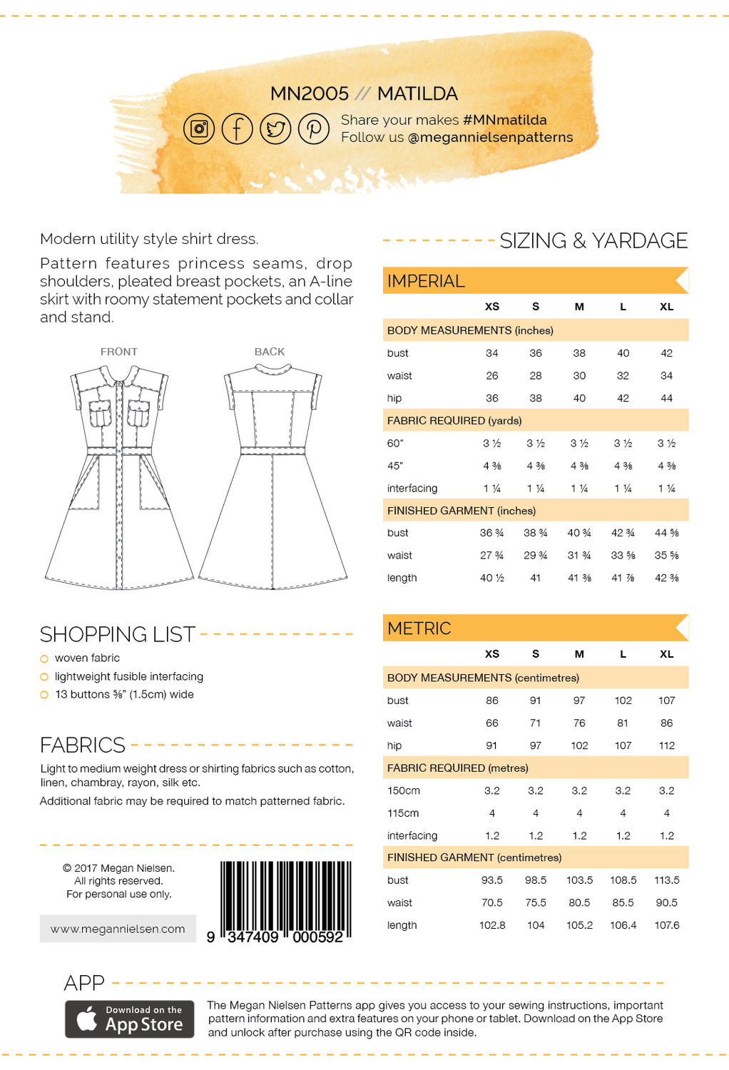 Matilda dress pattern by megan nielsen backcover
