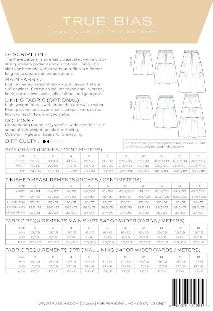 Mave Skirt Pattern Size 0 18 By True Bias Back Cover