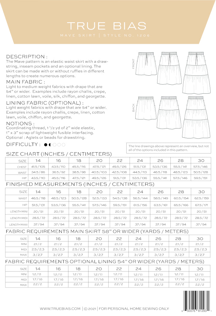 Mave Skirt Pattern Size 14 30 By True Bias Back Cover