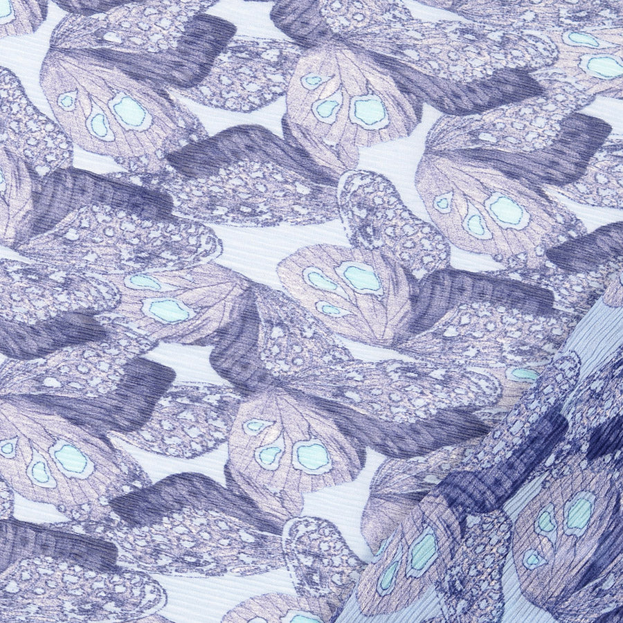 Mazarine Polyester Pleated Chiffon Blue Butterfly Printed Dress Fabric Fold