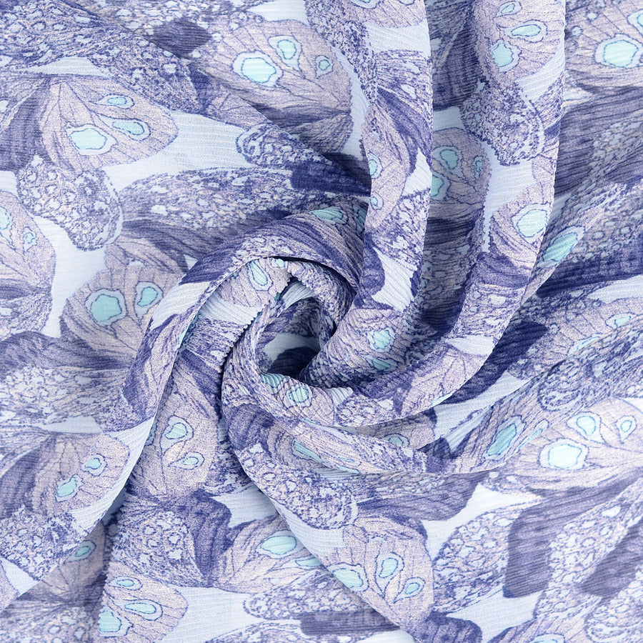 Mazarine Polyester Pleated Chiffon Blue Butterfly Printed Dress Fabric Twist
