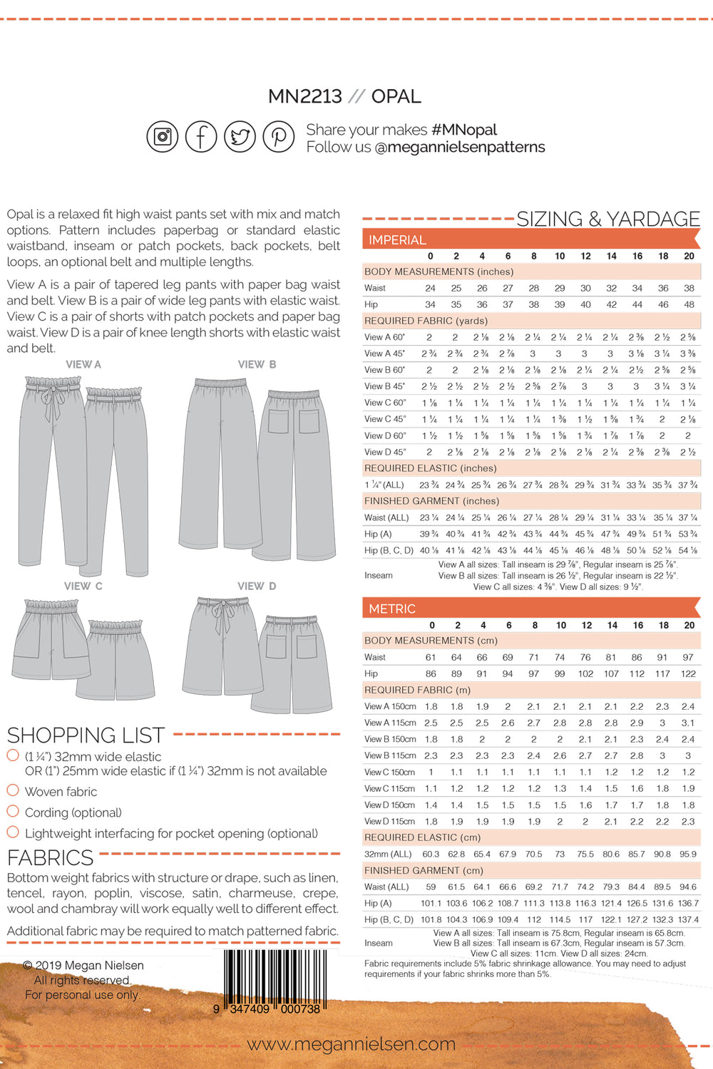 Megan Nielsen Opal Pants And Shorts Pattern Back