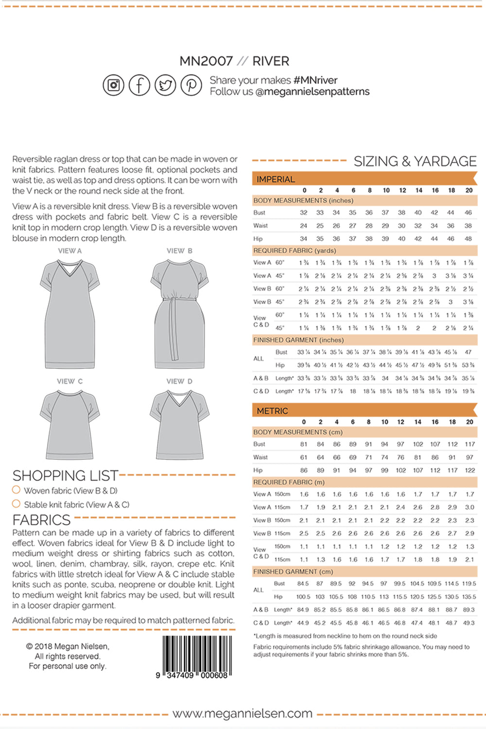 Megan Nielsen River Dress And Top Pattern Back Cover