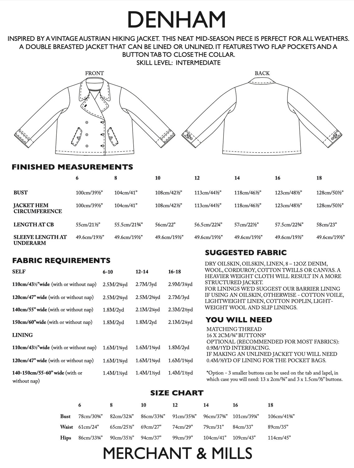 Merchant And Mills Denham Jacket Pattern Uk 6 18 Back