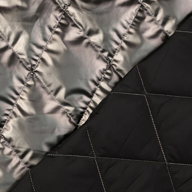 Metallic Marvel Gunmetal Grey Silver Polyester Quilted Black Coating Fabric Fold