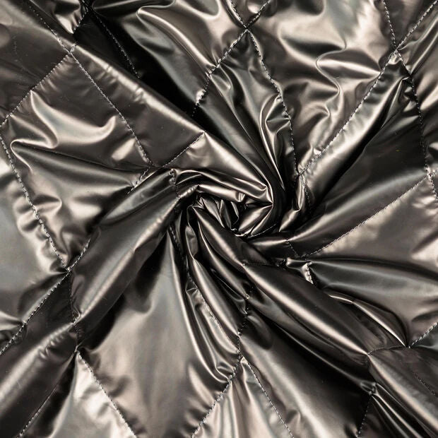 Metallic Marvel Gunmetal Grey Silver Polyester Quilted Black Coating Fabric Twist