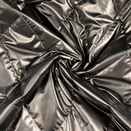 Metallic Marvel Gunmetal Grey Silver Polyester Quilted Black Coating Fabric Twist