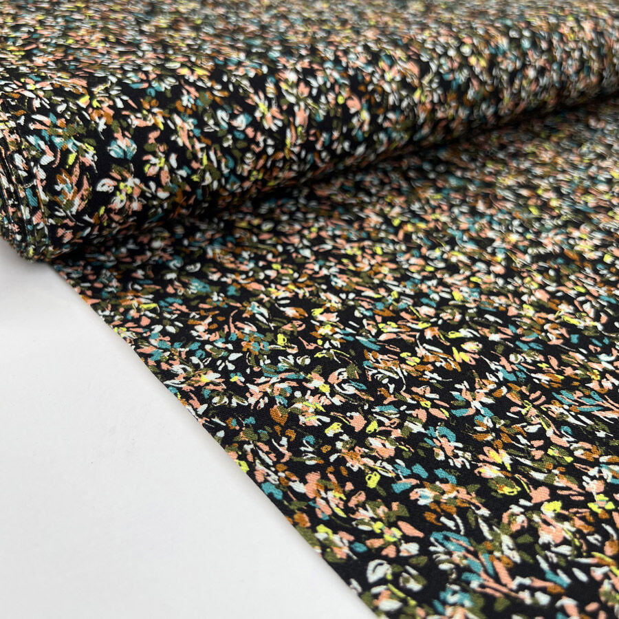 Midnight Petals Viscose Black Floral Twill Dainty Dress Fabric Bolt