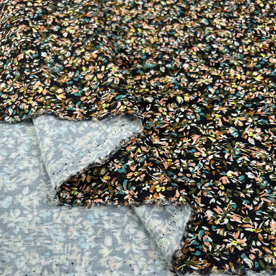 Midnight Petals Viscose Black Floral Twill Dainty Dress Fabric Fold