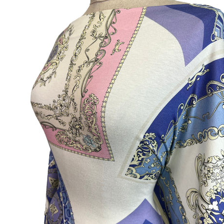 Milano Italian Pink White Blue Abstract Knitted Viscose Lycra Jersey Dress Fabric Drape Side