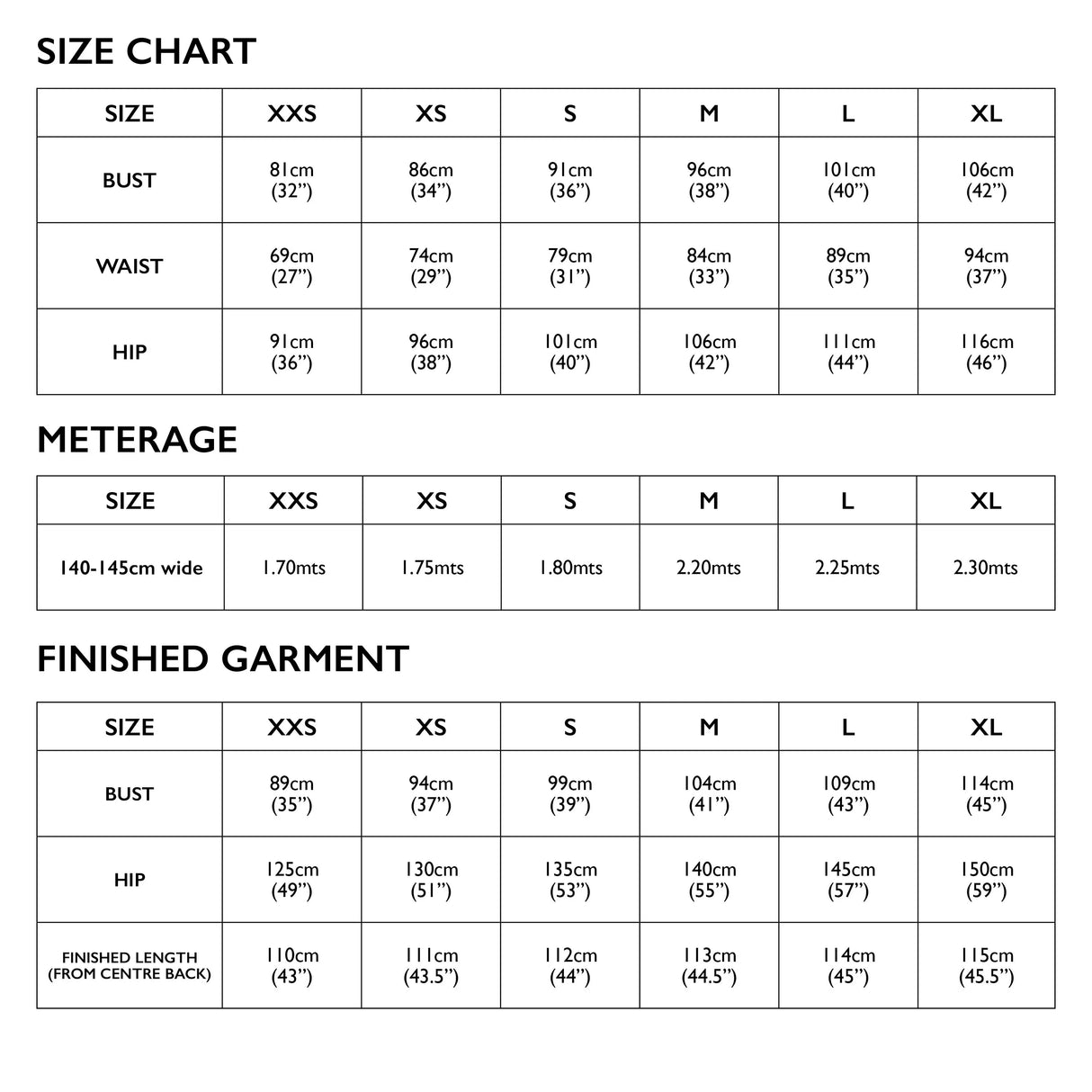 Milenda Size Chart