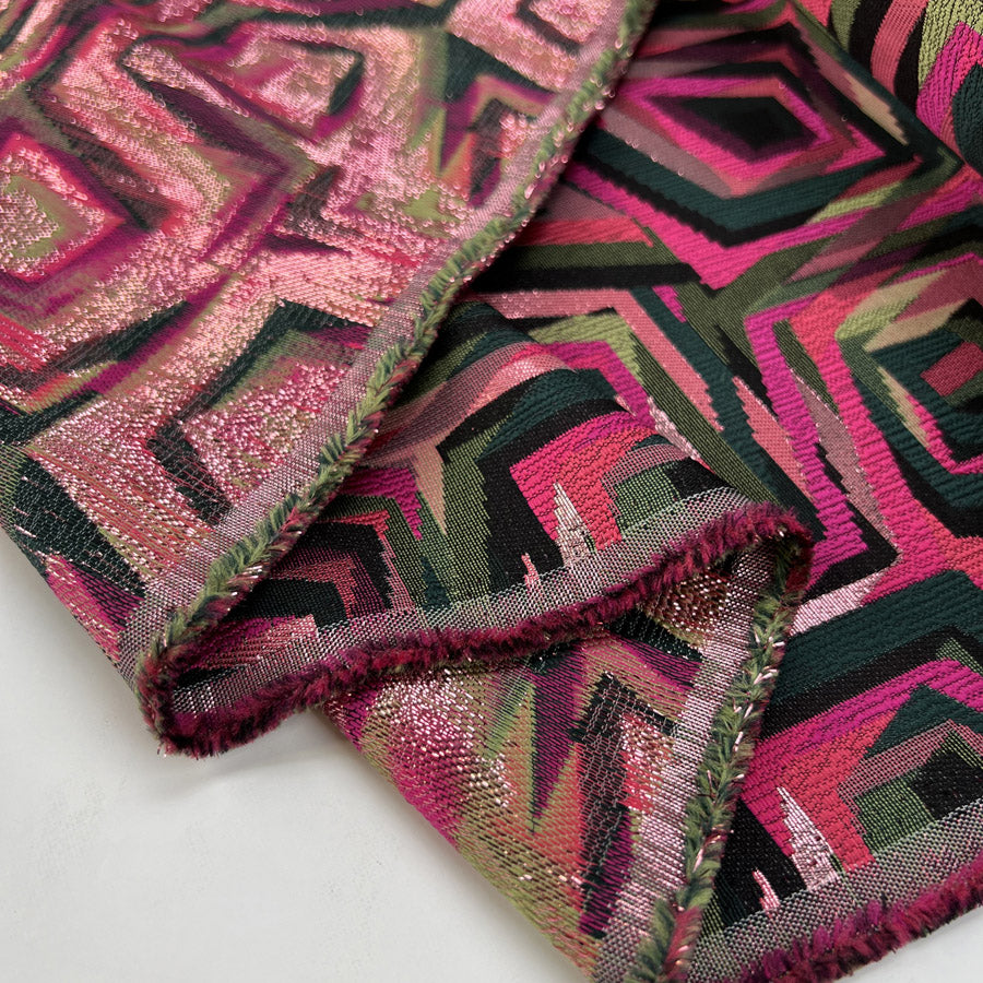 Montrose Brocade Polyester Metallic Pink Green Abstract Geometric Woven Dress Fabric Fold