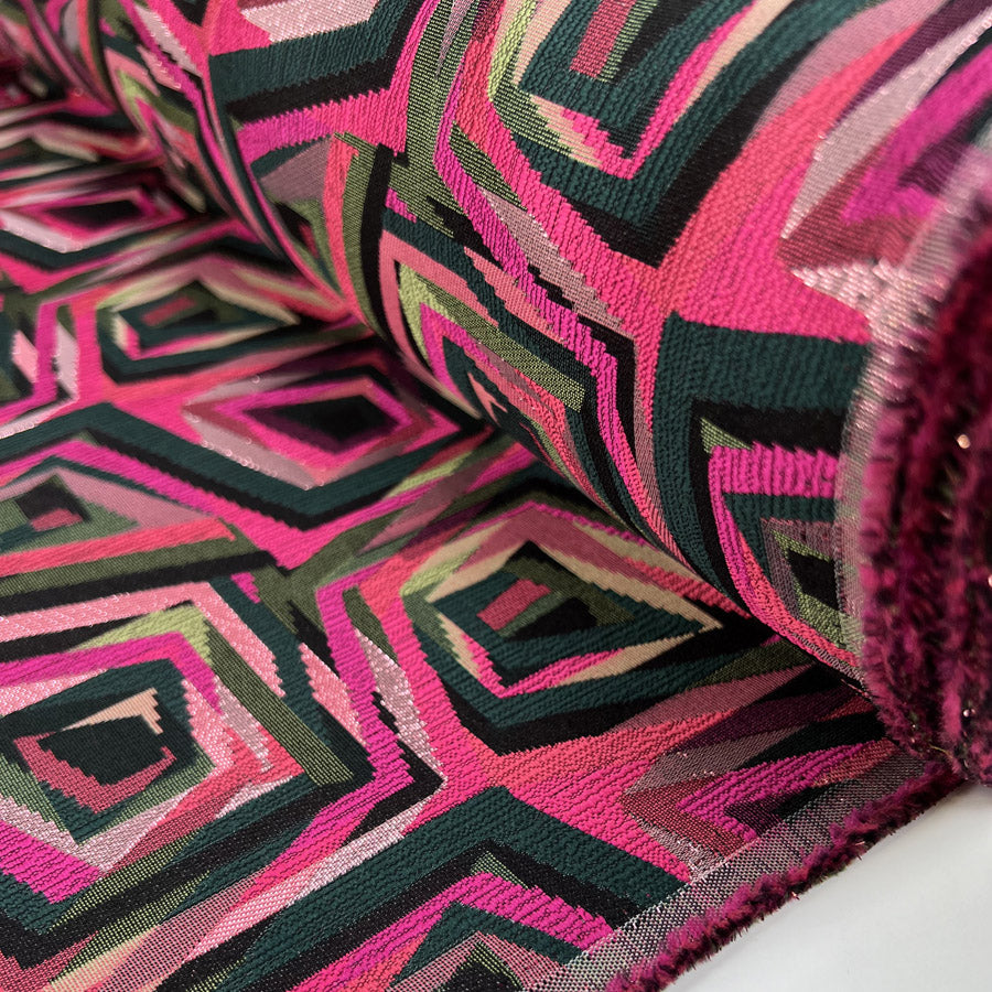 Montrose Brocade Polyester Metallic Pink Green Abstract Geometric Woven Dress Fabric Roll