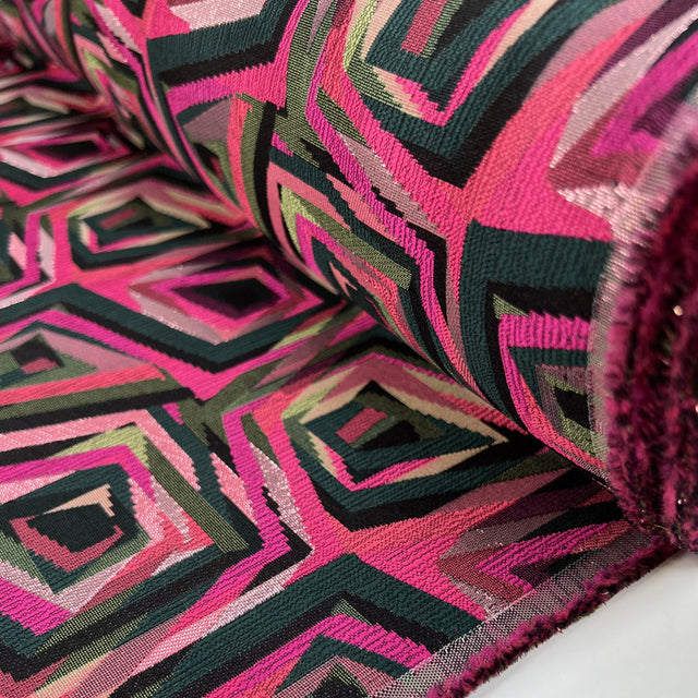 Montrose Brocade Polyester Metallic Pink Green Abstract Geometric Woven Dress Fabric Roll