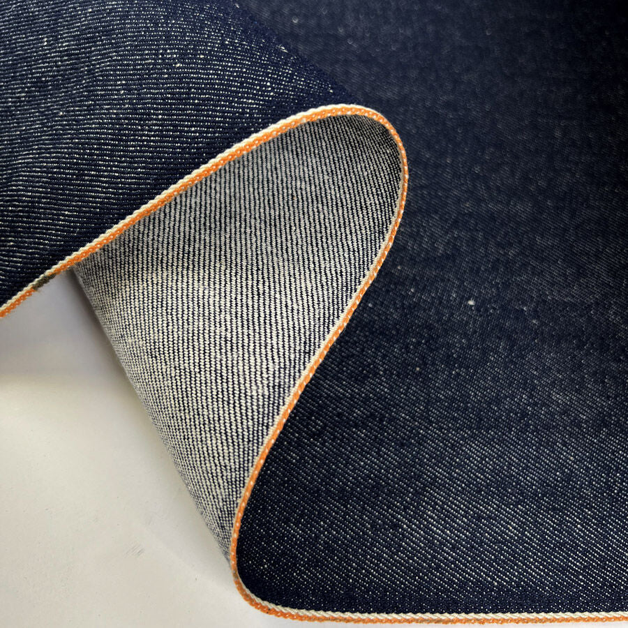 Narrow Italian Denim Cotton Indigo Blue Woven Orange Selvedge Trouser Fabric Fold