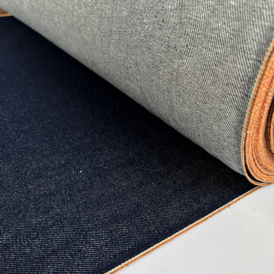 Narrow Italian Denim Cotton Indigo Blue Woven Orange Selvedge Trouser Fabric Roll
