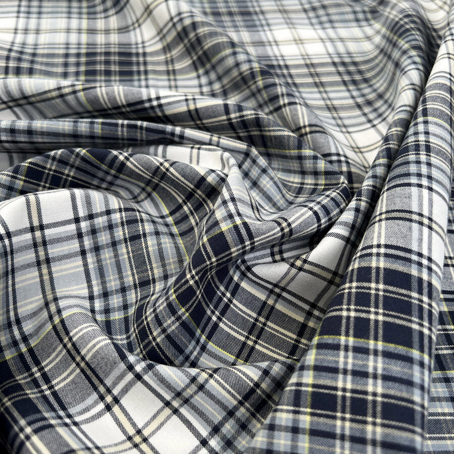 Never The Twain Donald Cotton Check Woven Brown Blue Shirting Fabric