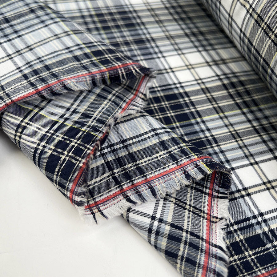 Never The Twain Donald Cotton Check Woven Brown Blue Shirting Fabric Fold