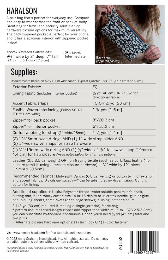 Noodlehead Haralson Belt Bag Pattern Back Cover