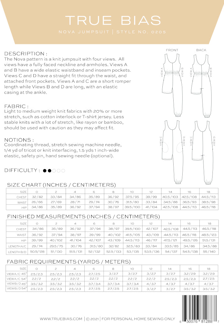 Nova Jumpsuit Pattern Size 0 18 By True Bias Back Cover