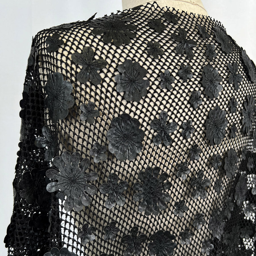 Onyx Black Polyester Floral Embroidered Net Woven Dress Fabric
