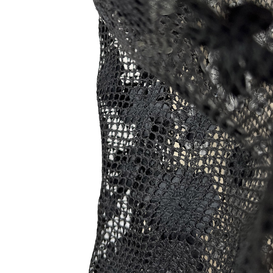 Onyx Black Polyester Floral Embroidered Net Woven Dress Fabric Fold