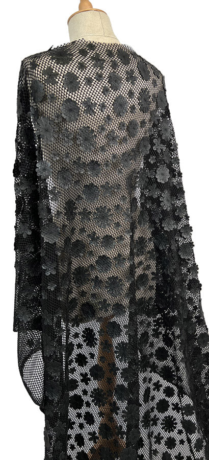 Onyx Black Polyester Floral Embroidered Net Woven Dress Fabric Mannequin