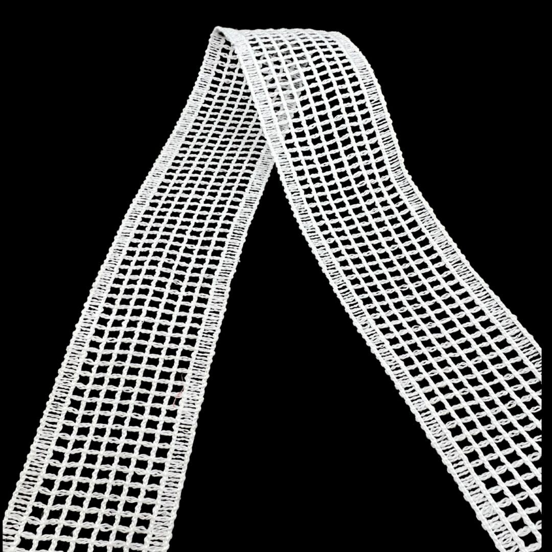 Open Grid Crochet Polyester Ribbon Trim White 40mm Wide Fold