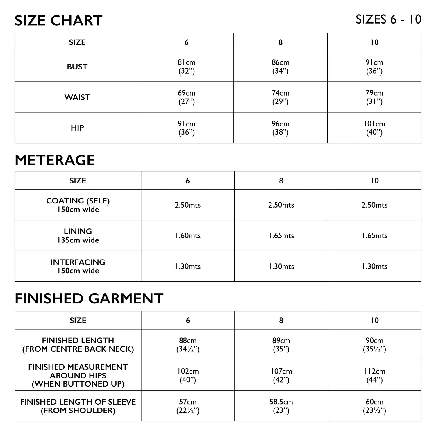 Oslo size chart 6 10