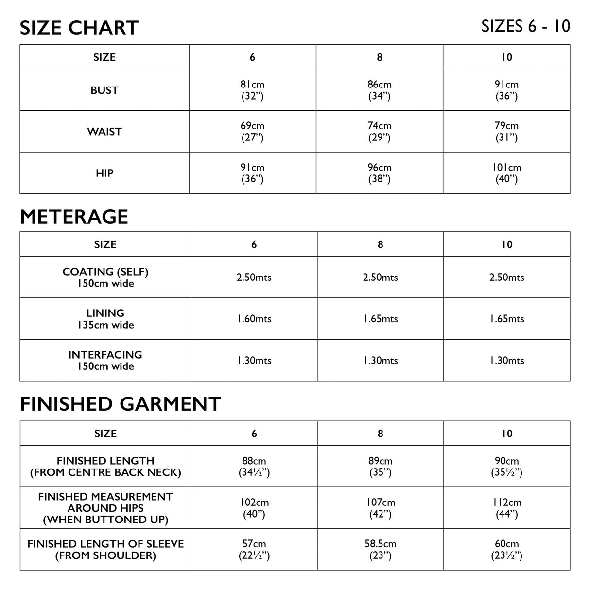 Oslo size chart 6 10