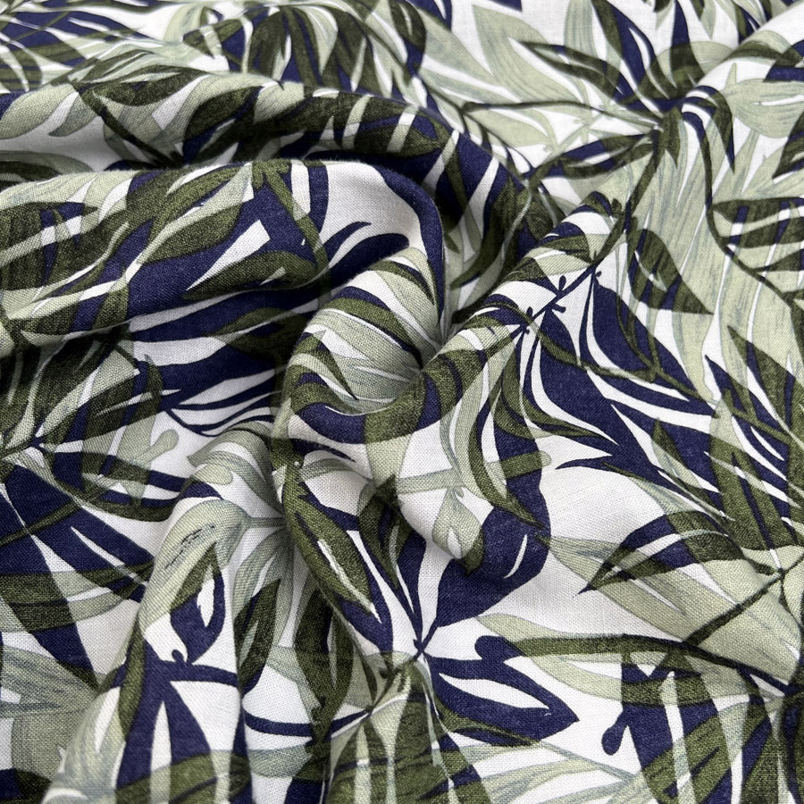 Palms Navy Linen Green White Leaf Print Dress Fabric