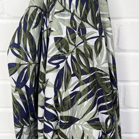 Palms Navy Linen Green White Leaf Print Dress Fabric Hang