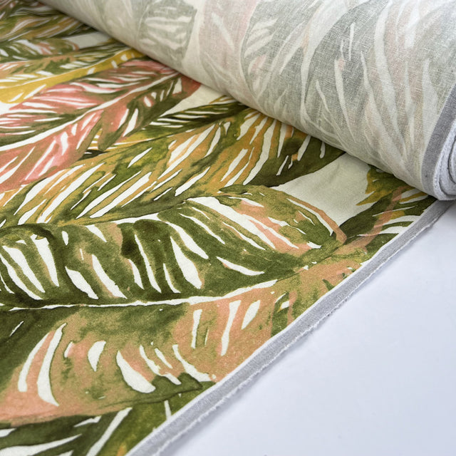 Palms Viscose Cotton Leaf Print Pink Green White Dress Fabric Roll