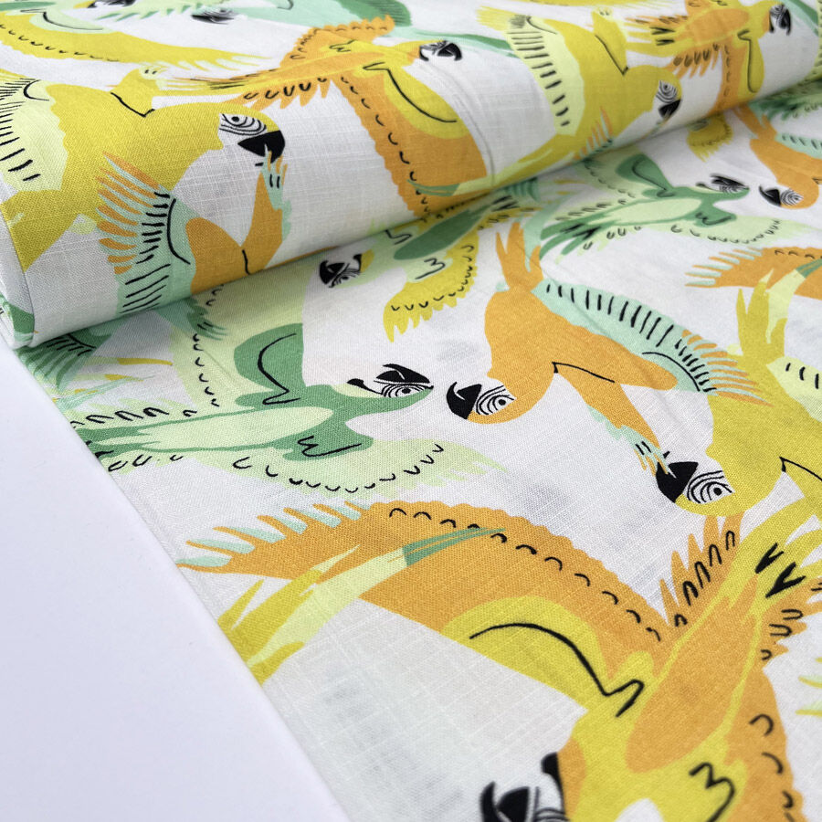 Parrot Song White Bird Print Viscose Yellow Green Dress Fabric Bolt