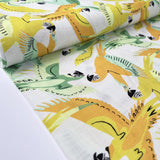 Parrot Song White Bird Print Viscose Yellow Green Dress Fabric Bolt